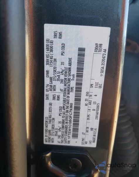 2016 Ford F-150 Lariat из США, поврежденный, VIN 1FTEW1CG5GFC79360